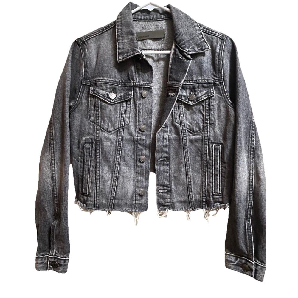 GRLFRND Women's Cara Dark Grey Denim Cropped Jean Jacket Distressed Fray-Size XS